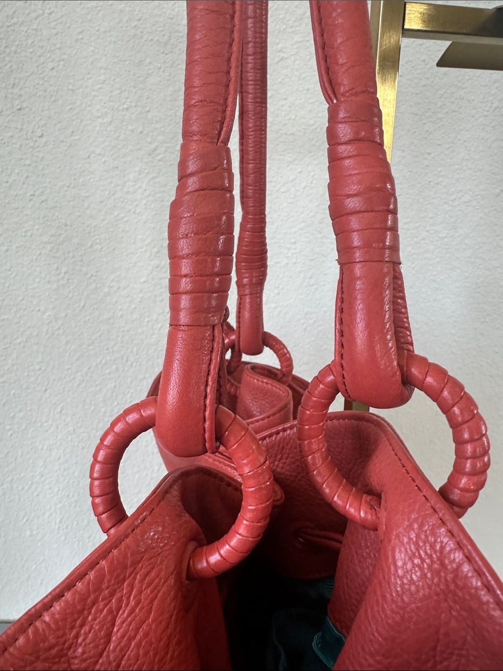 Fiore by Isabella Fiore, Deep coral/orange, 100% Leather Drawstring Tote w/ GHW - Picture 13 of 17